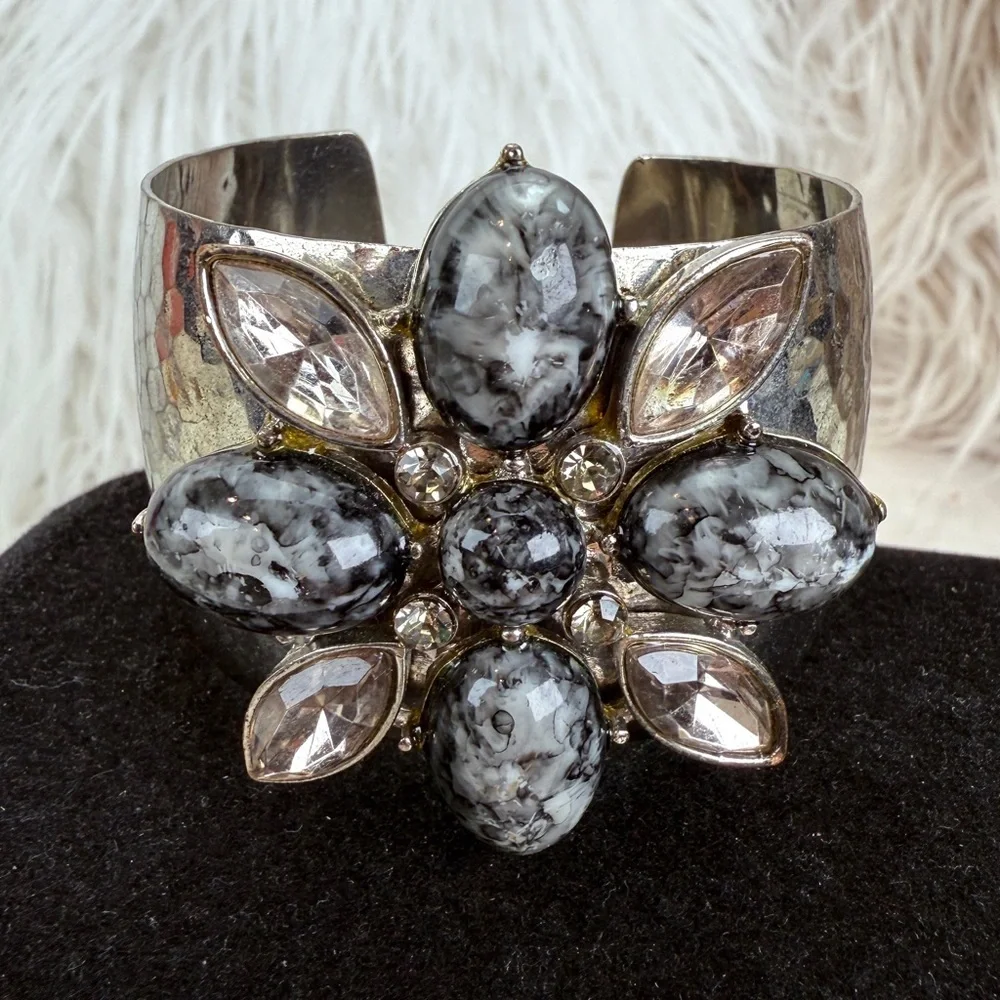 Vintage aged, Silvertone oxidized, colored accent, large cuff, runway bracelet